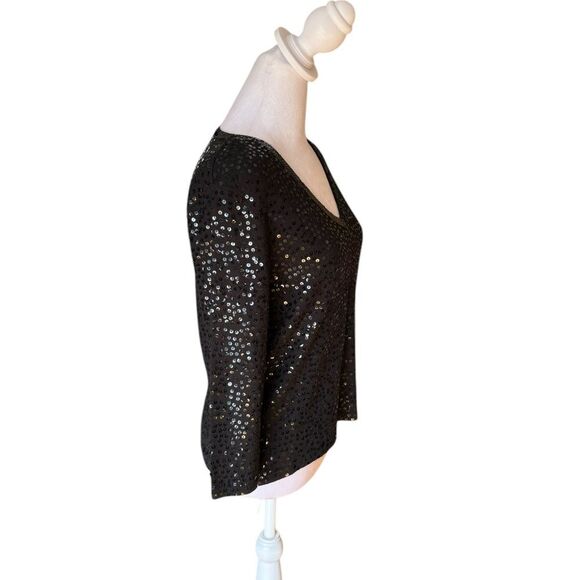Talbots Black Sequin Sweater V Neck 3/4 Sleeve Silk Cashmere Blend Womens Small - Picture 3 of 11